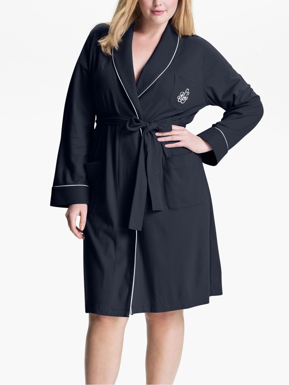 Ralph Lauren Navy Cotton Shawl Collar Wrap Robe L Monogram Belted EUC
